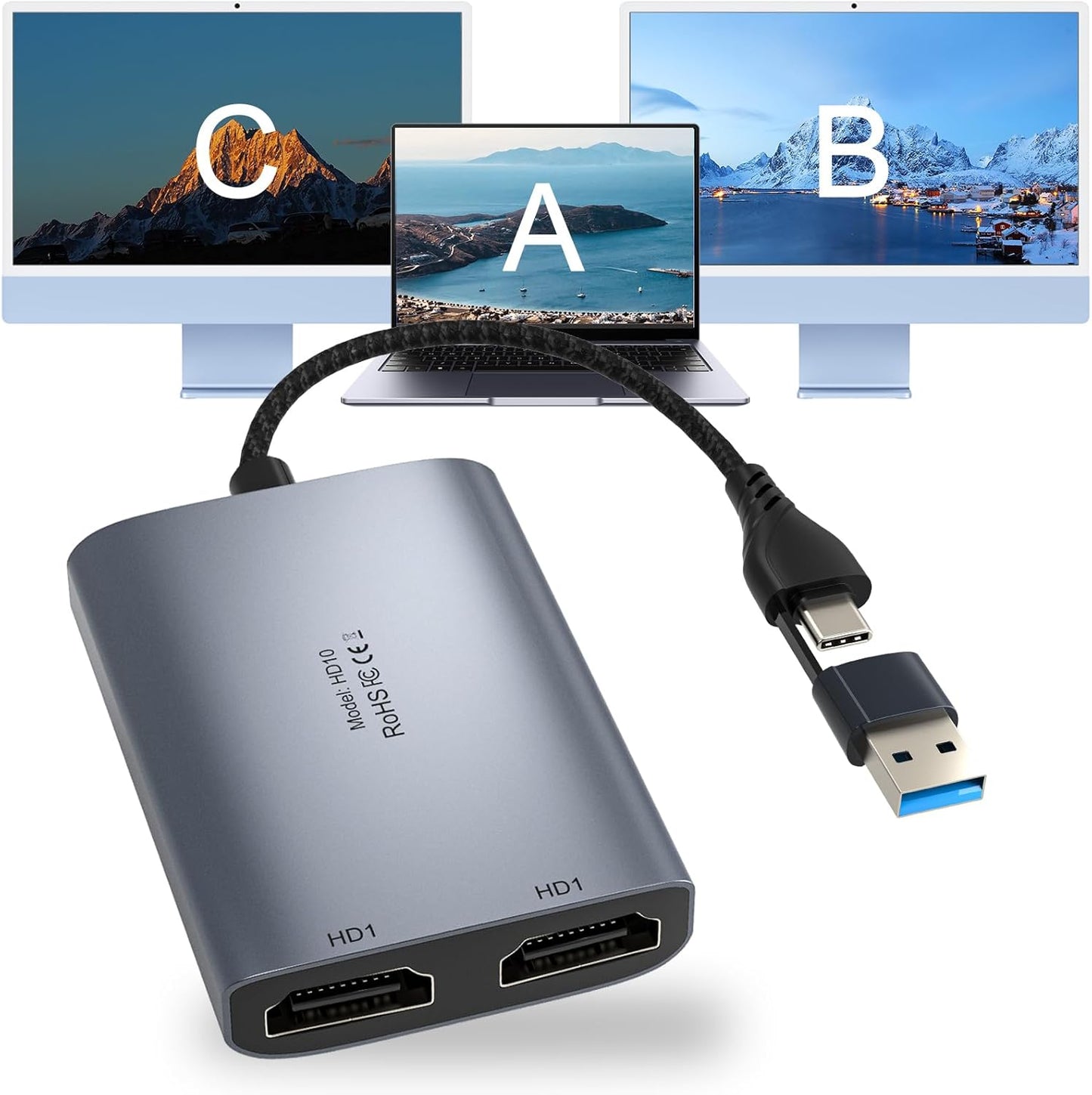 USB C to Dual HDMI Adapter for 1080P Multi-Monitor Setup