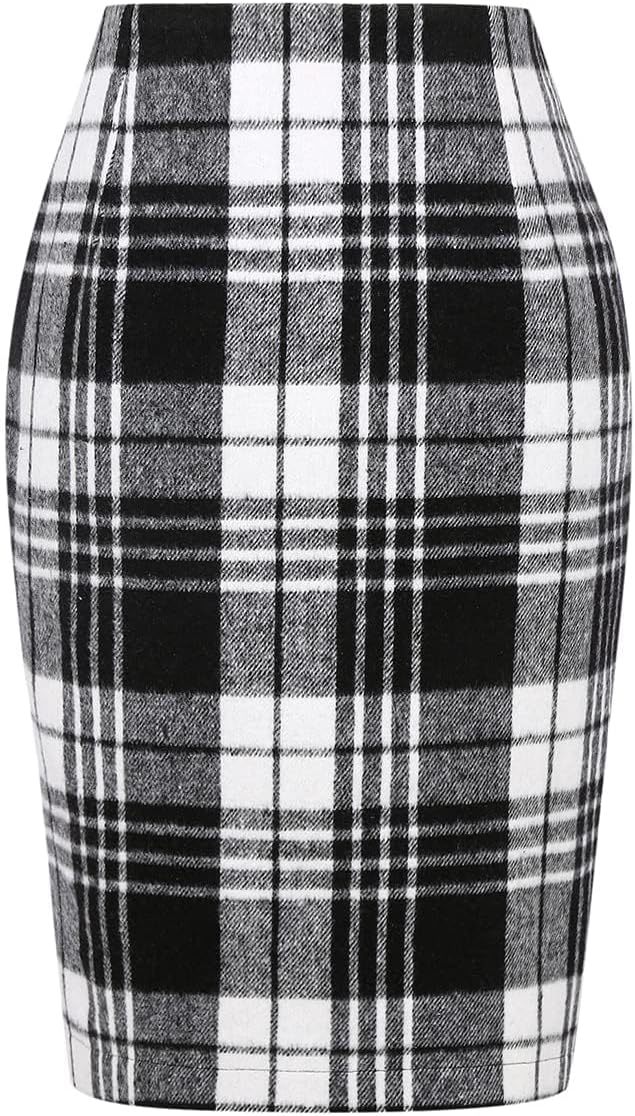 Plaid Skirts for Women Fall Winter Knee Length Pencil Wool Skirt