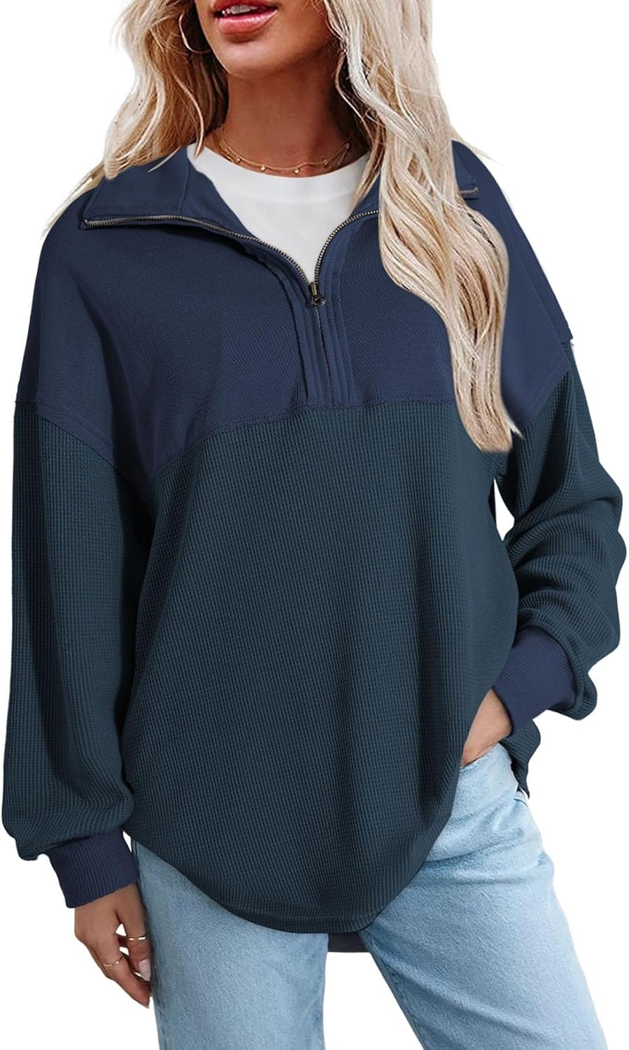 SHEWIN Womens Fall Sweatshirt Casual Waffle Knit Half Zip Pullover