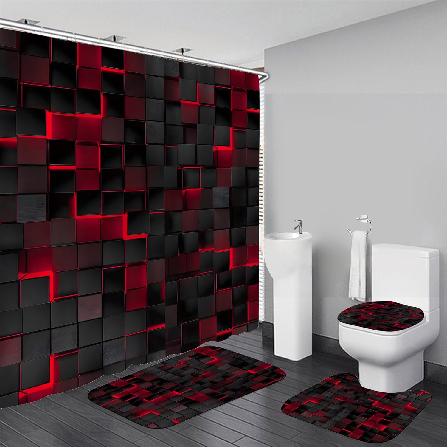 4Pcs Black 3D Cubes Shower Curtain Set for Modern Bathrooms
