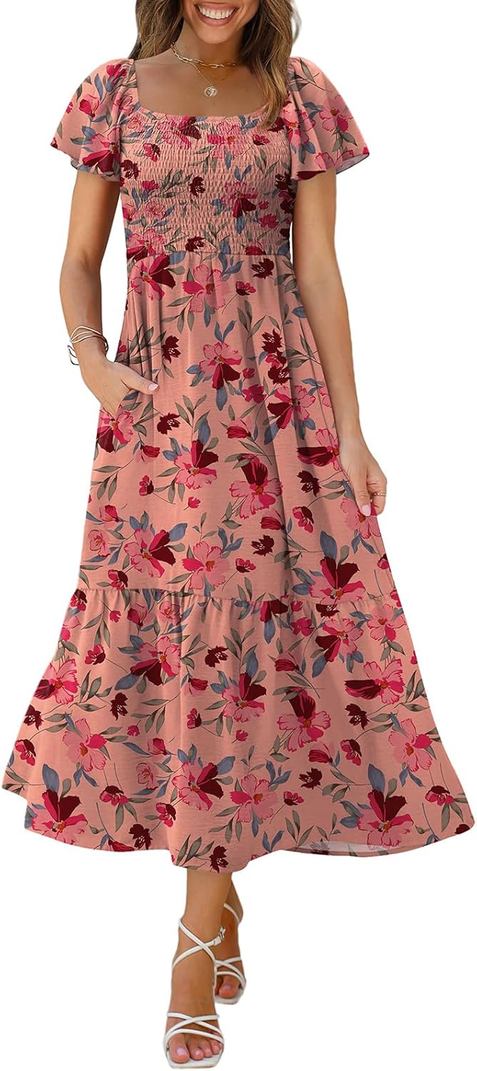 OFEEFAN Summer Dresses for Women with Square Neck and Pockets