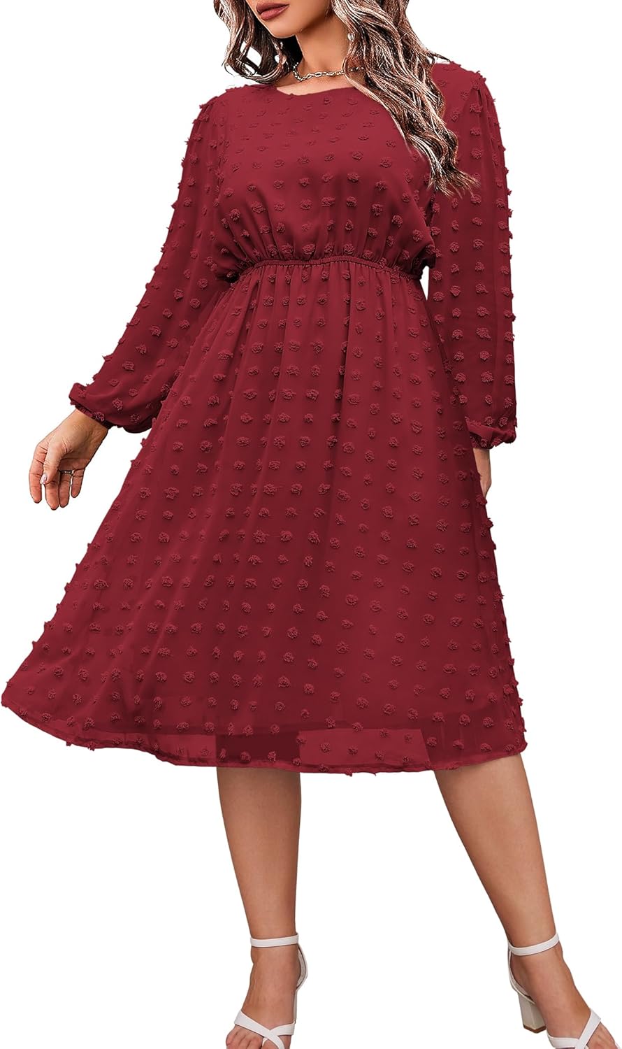 IN'VOLAND Women's Plus Size Swiss Dot Long Sleeve Dress Review