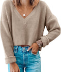Womens V Neck Waffle Knit Cropped Top - Soft Waffle Knit Crop