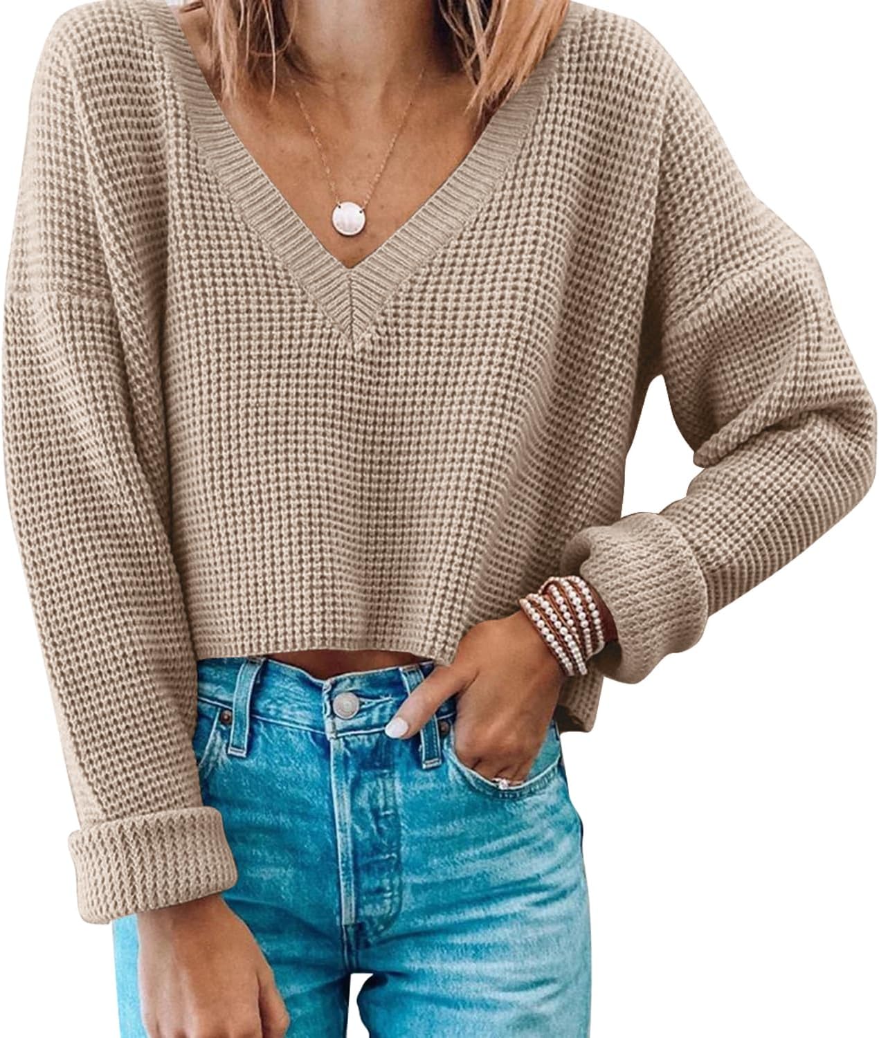 Waffle Knit Cropped Top for Women - Stylish V Neck Pullover
