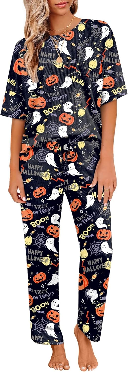 Womens Pajama Sets Waffle Knit Short Sleeve Shirt and Pants