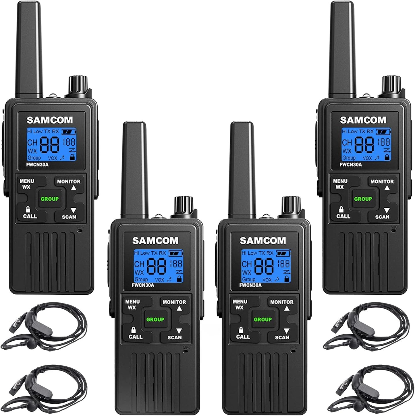 Long Range Rechargeable Walkie Talkies for Adults - 4 Pack