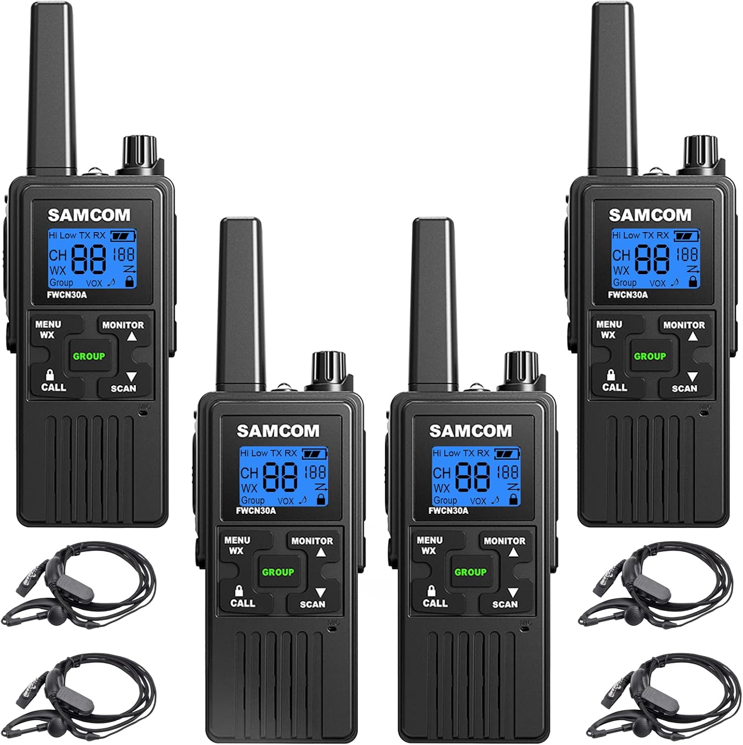 Long Range Rechargeable Walkie Talkies for Adults - 4 Pack