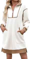 Wenrine Oversized Sweatshirt Dress Half Zip V Neck - Casual Mini Dress