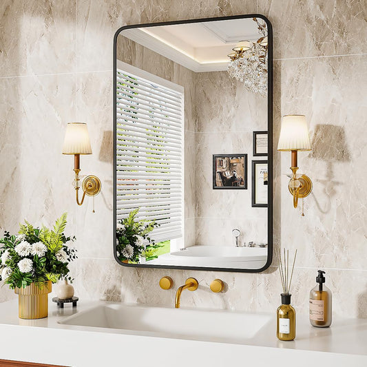 Black Metal Framed Bathroom Mirror - 24X36 Inch Rounded Design