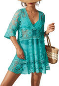Women's Contrast Lace Bathing Suit Cover Up V-Neck - Flowy Beach Dress