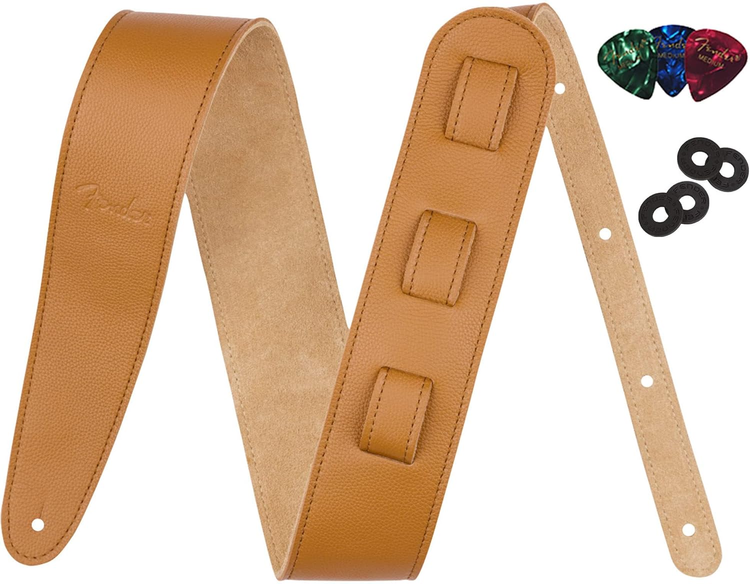 Fender Limited Leather Strap Laurel Tan Bundle with Picks and Blocks