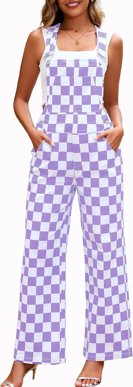 Purple Checkered Overalls for Women - Stylish Loose Fit Jumpsuits