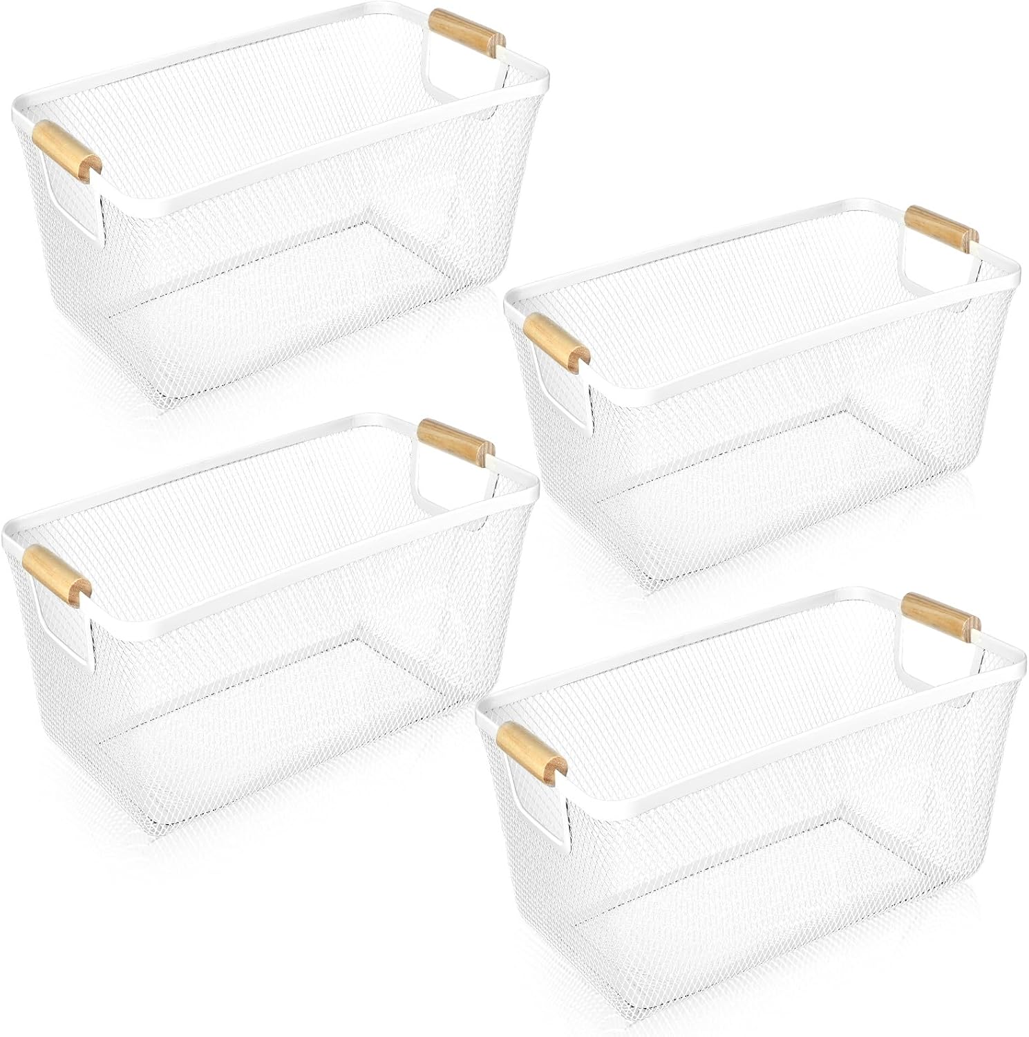 4 Pcs Metal Wire Basket with Wooden Handles for Home Organizing