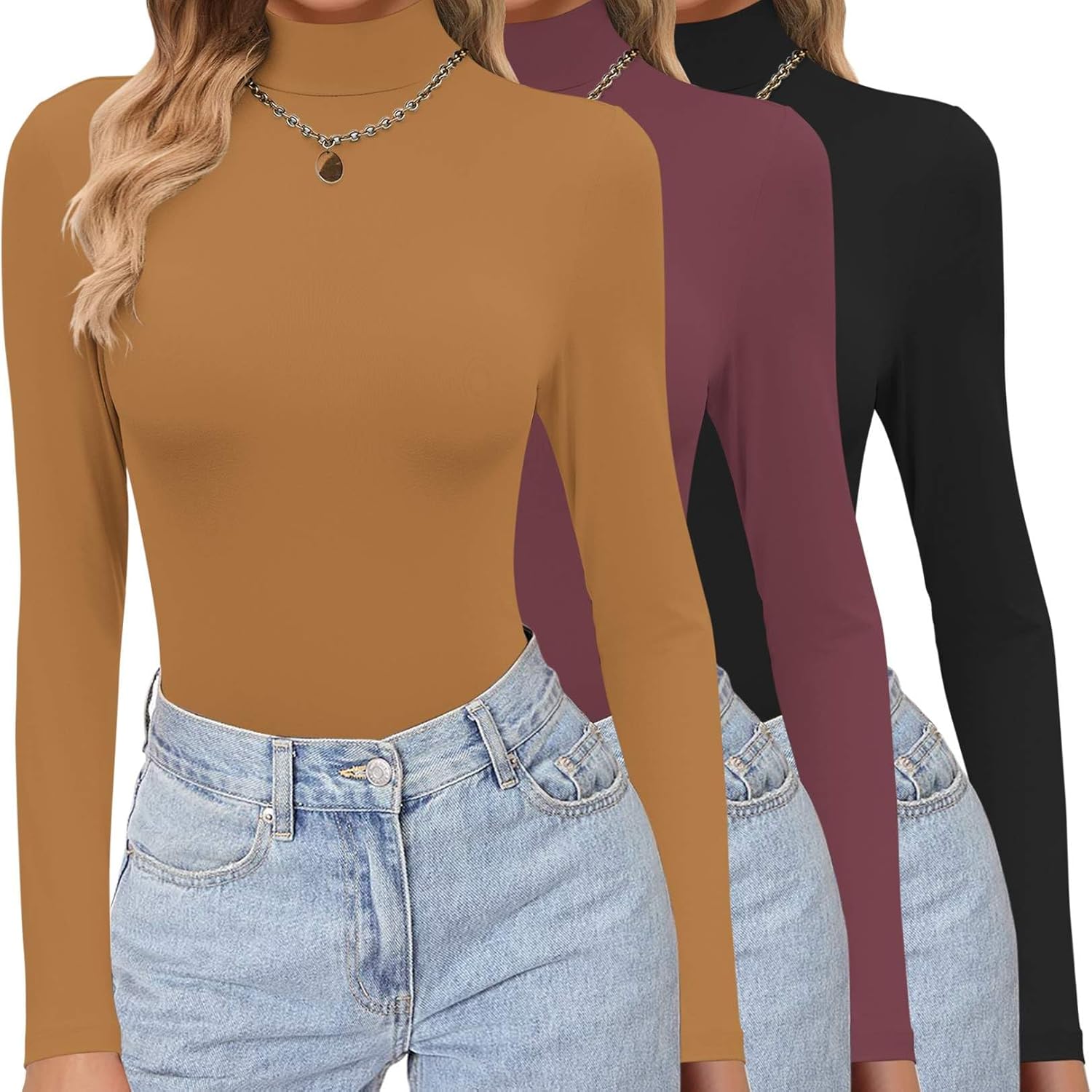 Ekouaer Women's Turtleneck Shirts 3 Pack Long Sleeve Tops