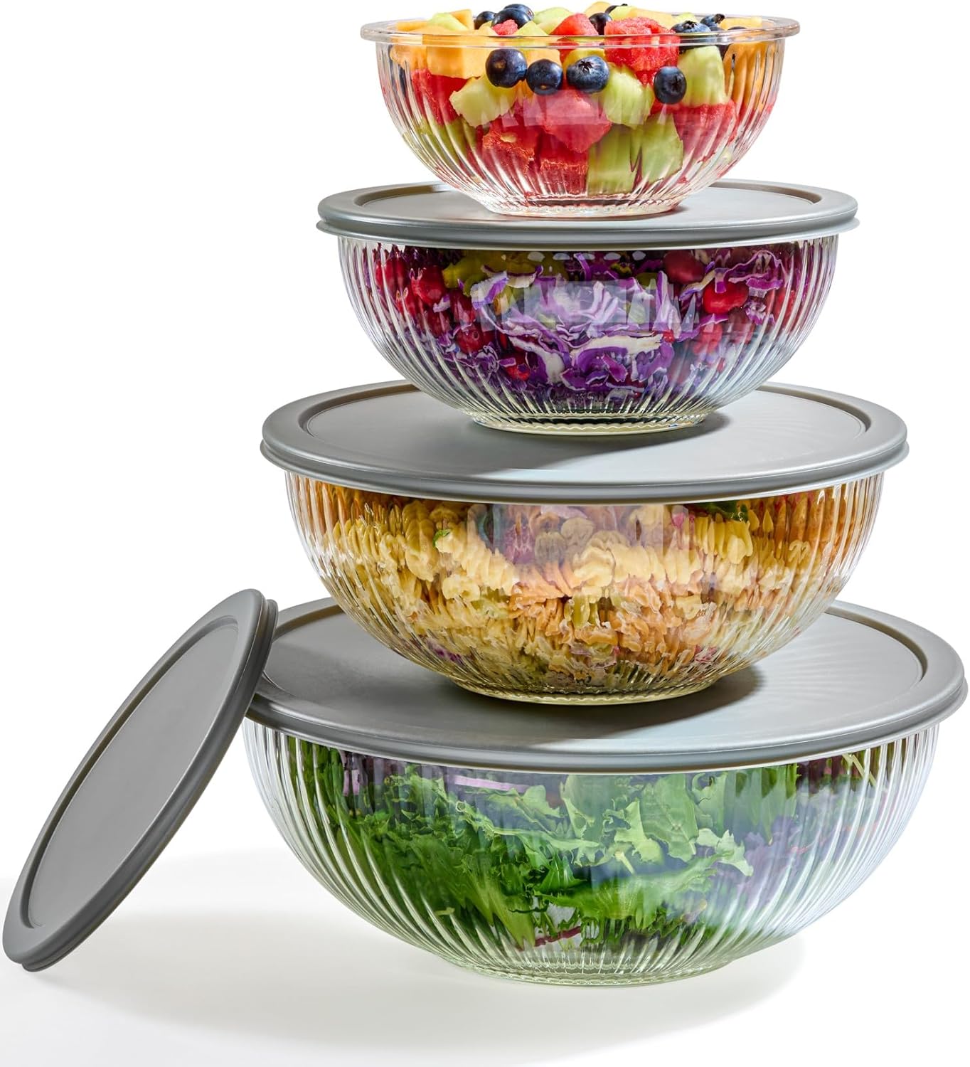 8pc Ribbed Glass Mixing Bowls with Airtight Lids for Storage