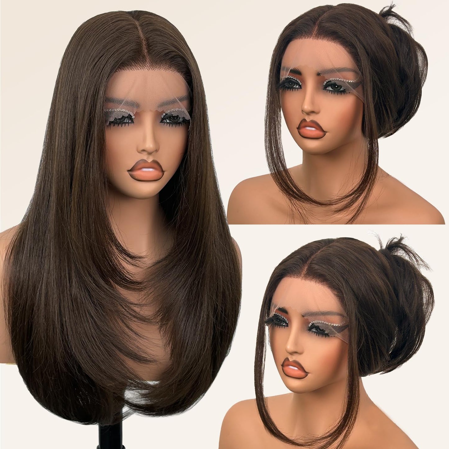 Glueless Synthetic Lace Front Wig 26 Inch Straight Brown Hair