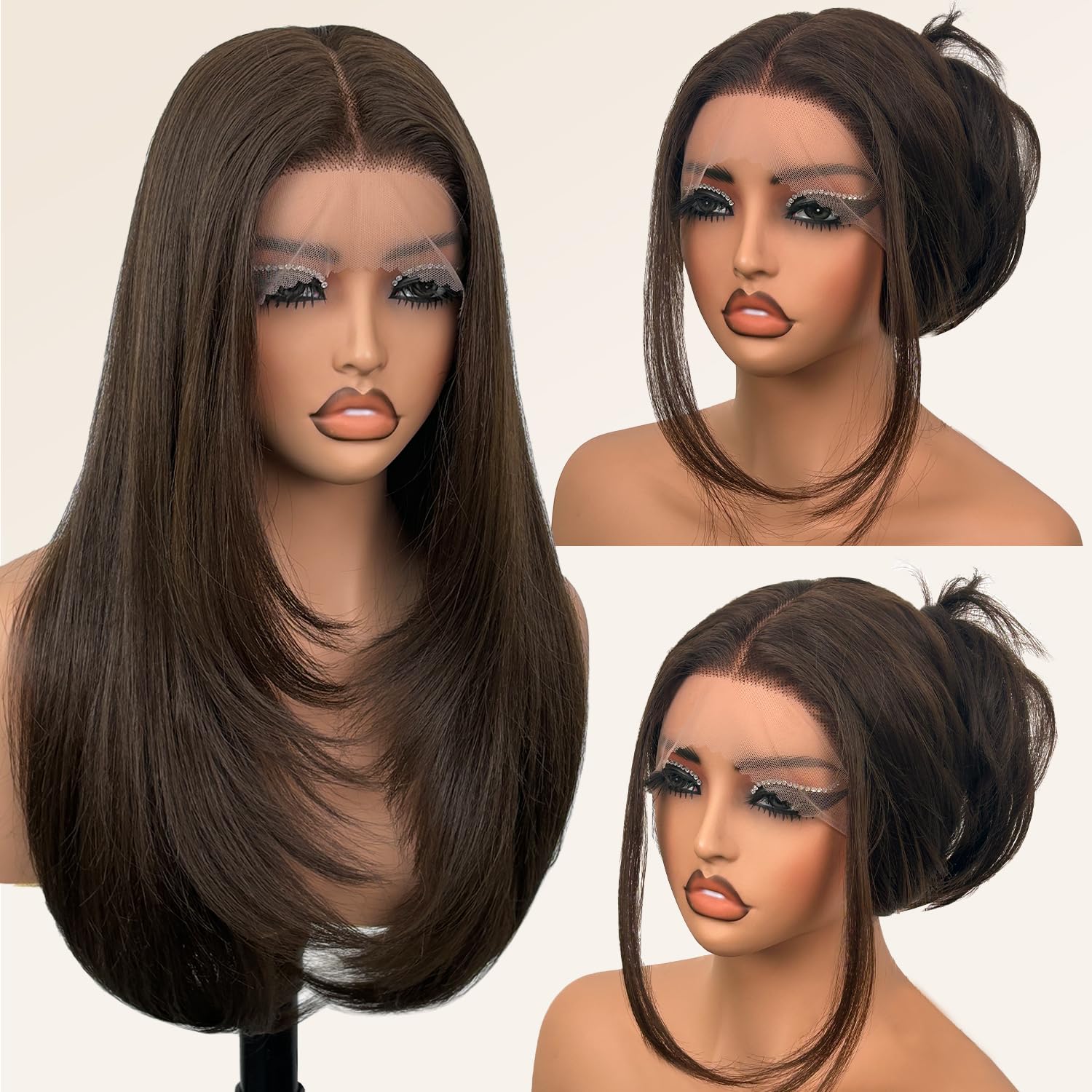 Glueless Synthetic Lace Front Wig 26 Inch Straight Brown Hair