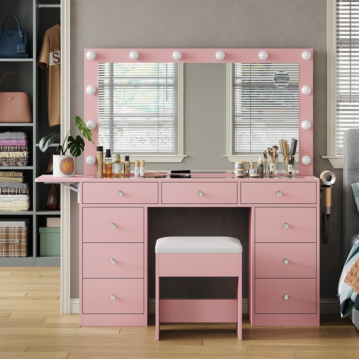 Pink Vanity Desk with Lighted Mirror & Power Outlet