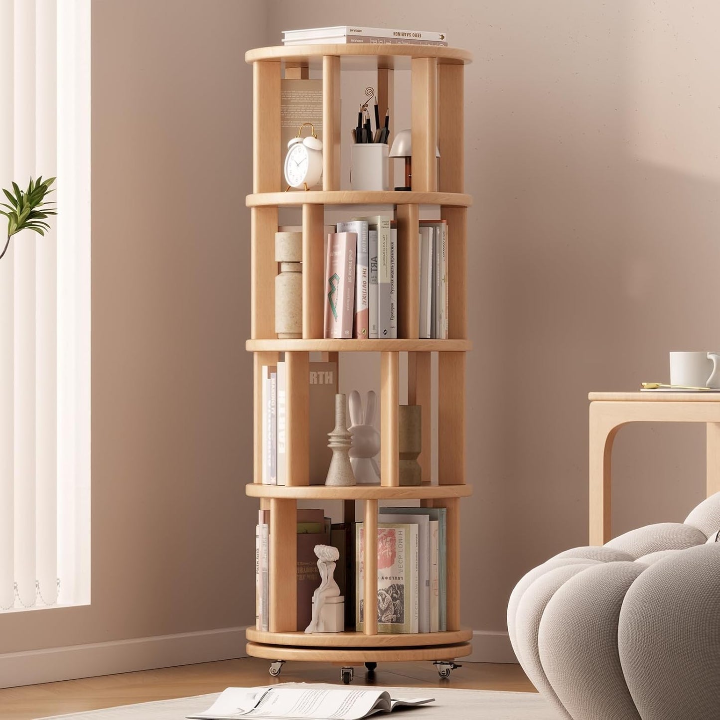 Solid Wood Rotating Bookshelf on Wheels for Small Spaces