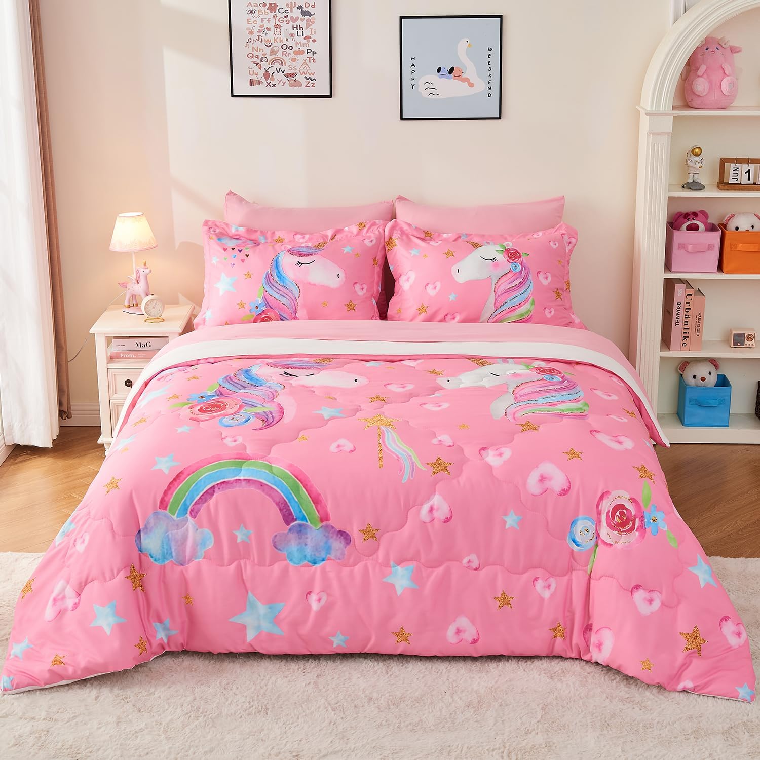 Wajade Pink Unicorn Comforter Set for Girls - 7 Piece Bedding