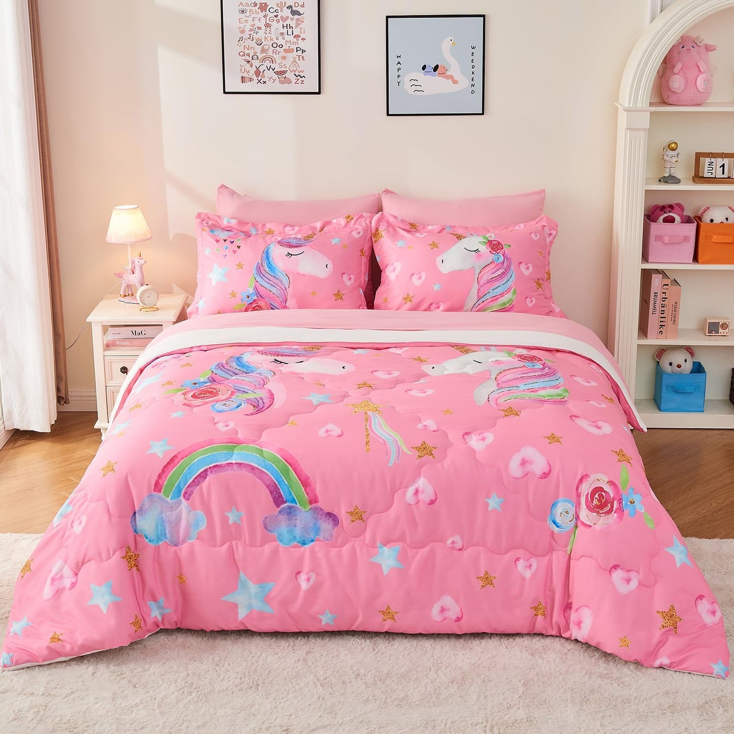 Wajade Pink Unicorn Comforter Set for Girls - 7 Piece Twin Bedding