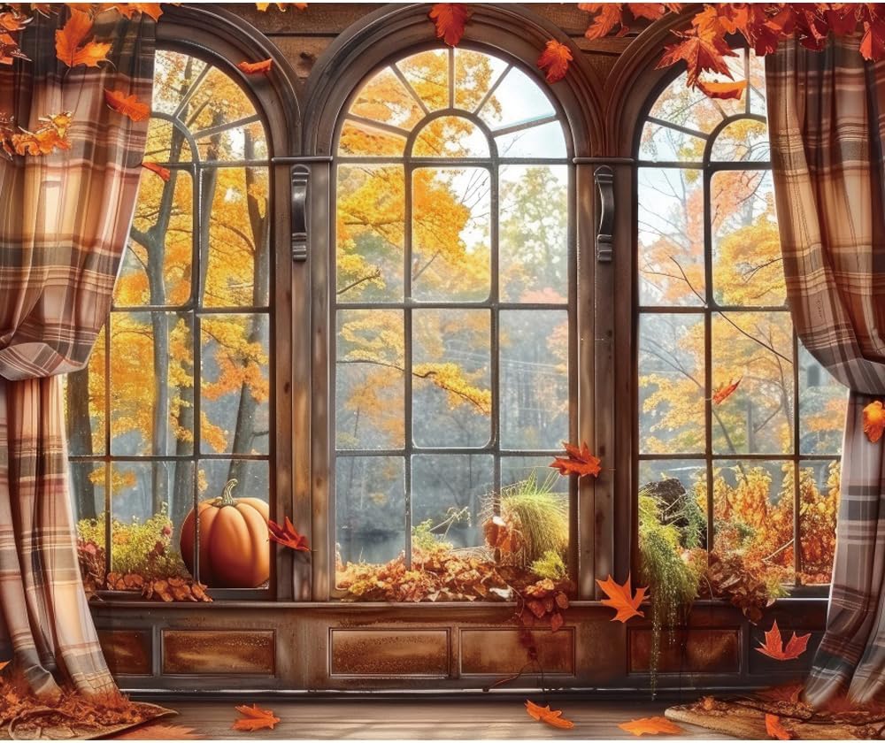DASHAN 10x8ft Fall Window Photo Backdrop for Autumn Decor