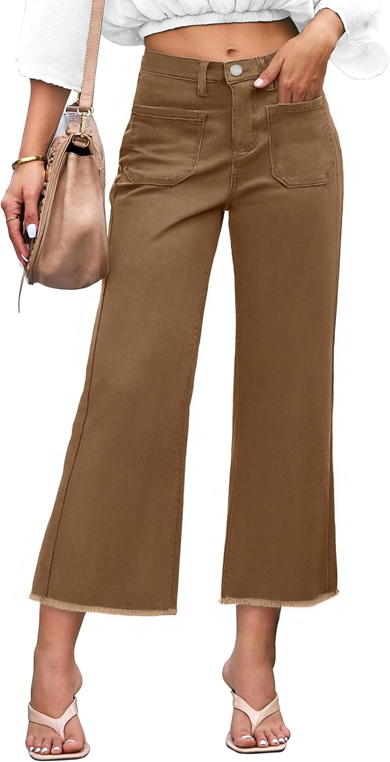 Denim Women Cropped Trousers High Rise Stretchy Pants with Pockets
