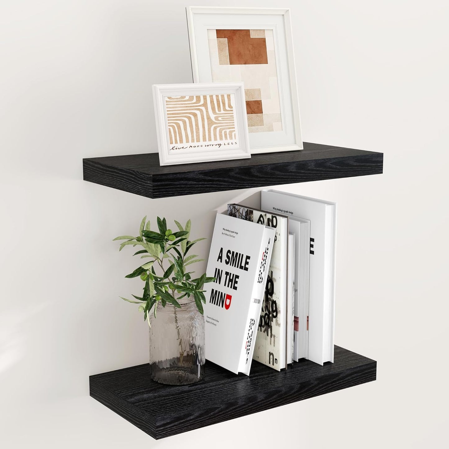 Black Floating Shelves for Wall - Rustic Wood Set of 2