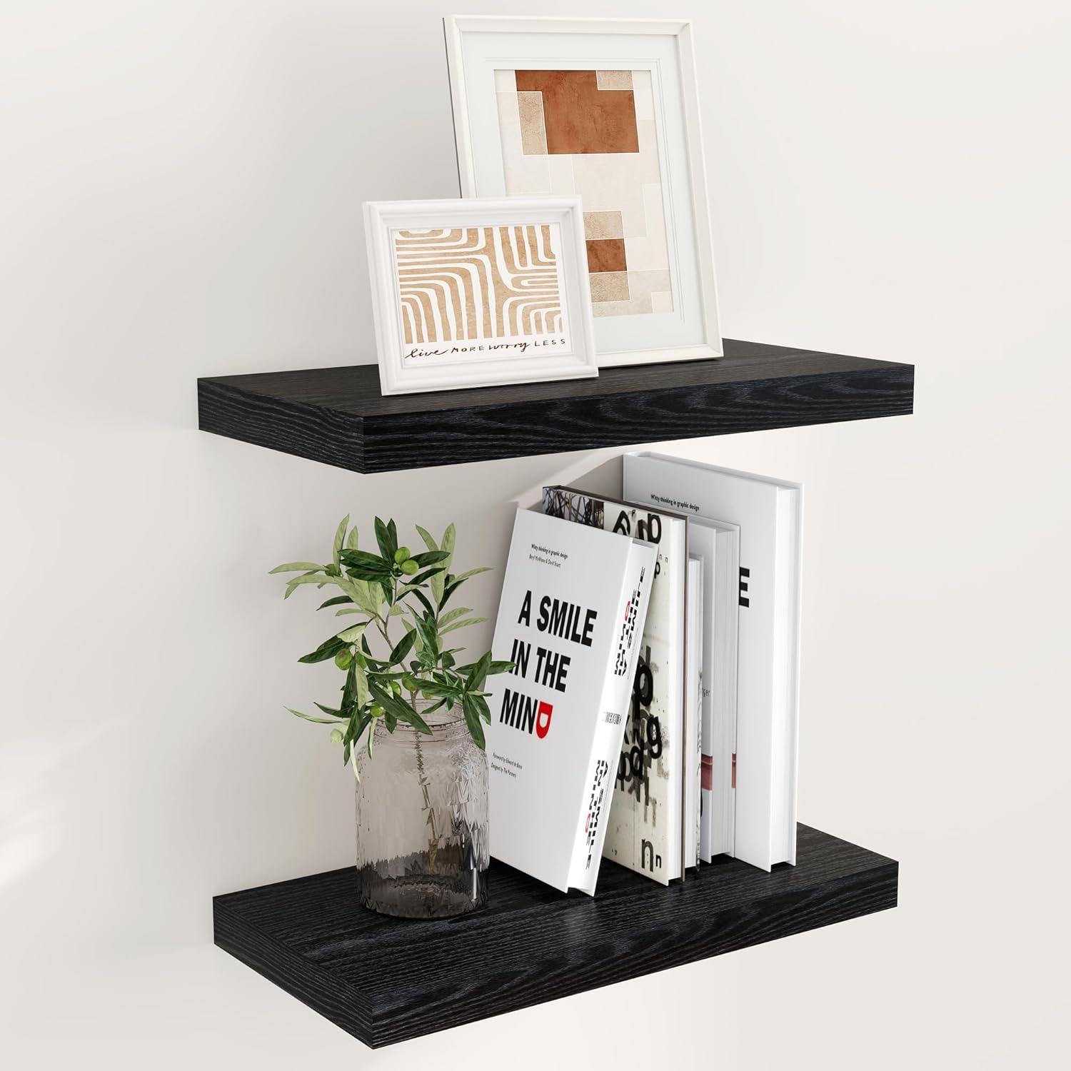 Black Floating Shelves for Wall - Rustic Wood Set of 2