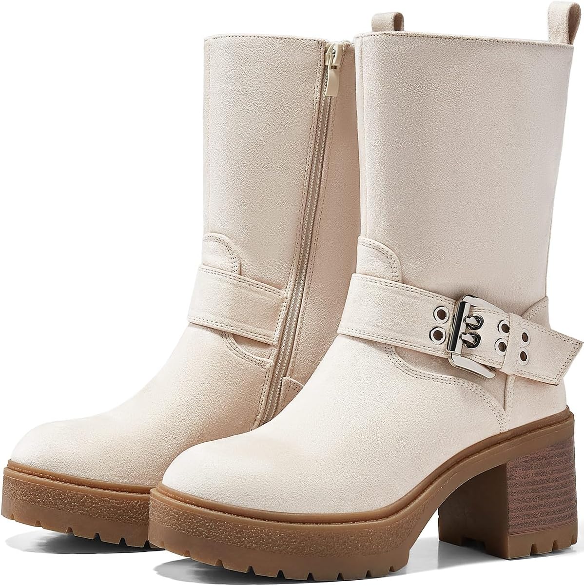 Coutgo Womens Mid Calf Boots with Platform Chunky Heel Design