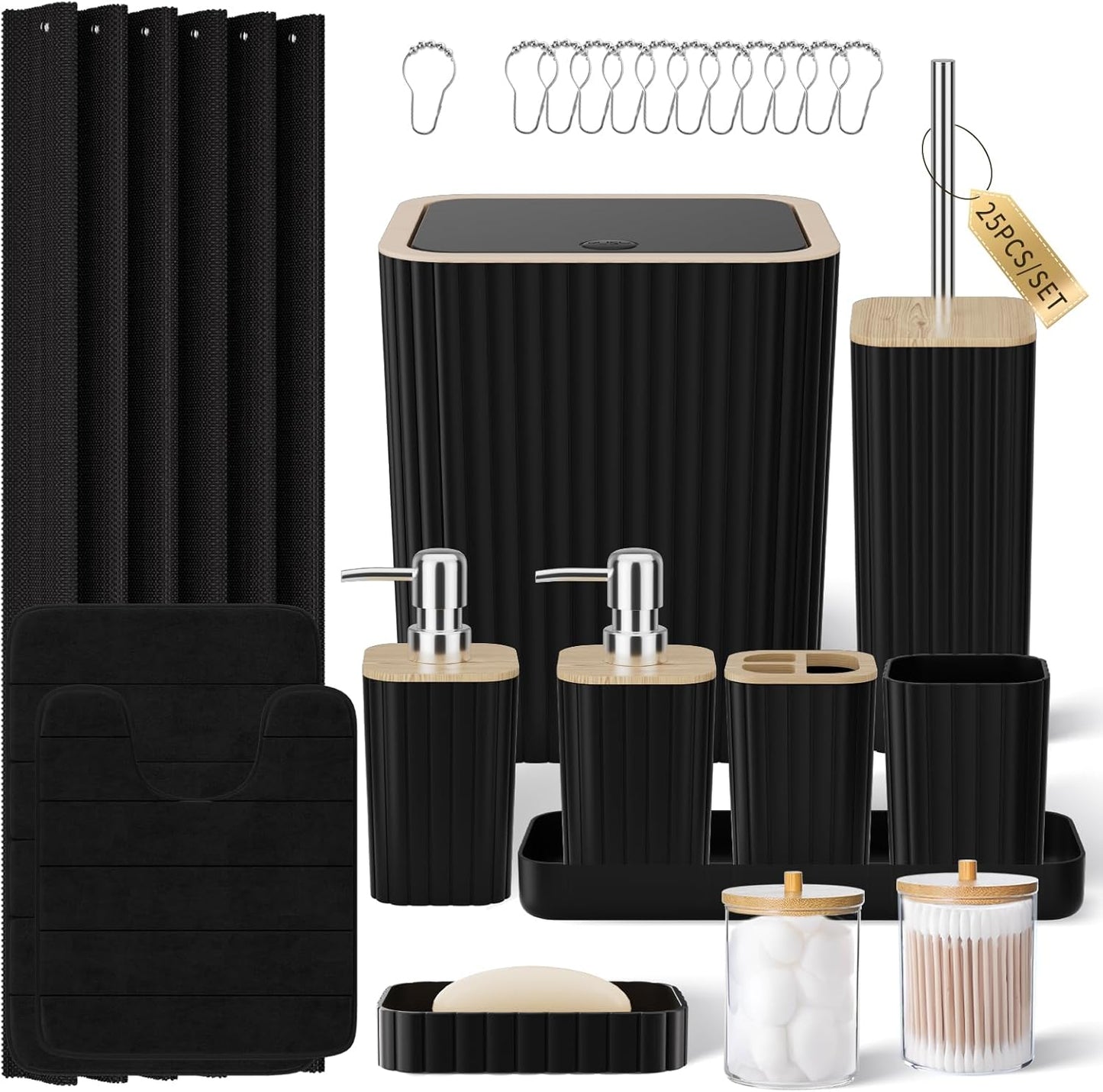 25PC Black Bathroom Set with Shower Curtain and Rugs for Home