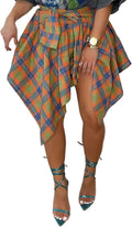 Women's High Waisted Plaid Skater Skirt - Asymmetrical Knot Mini