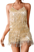 Sequin Fringe Romper for Women - Sparkly Metallic Backless Shorts