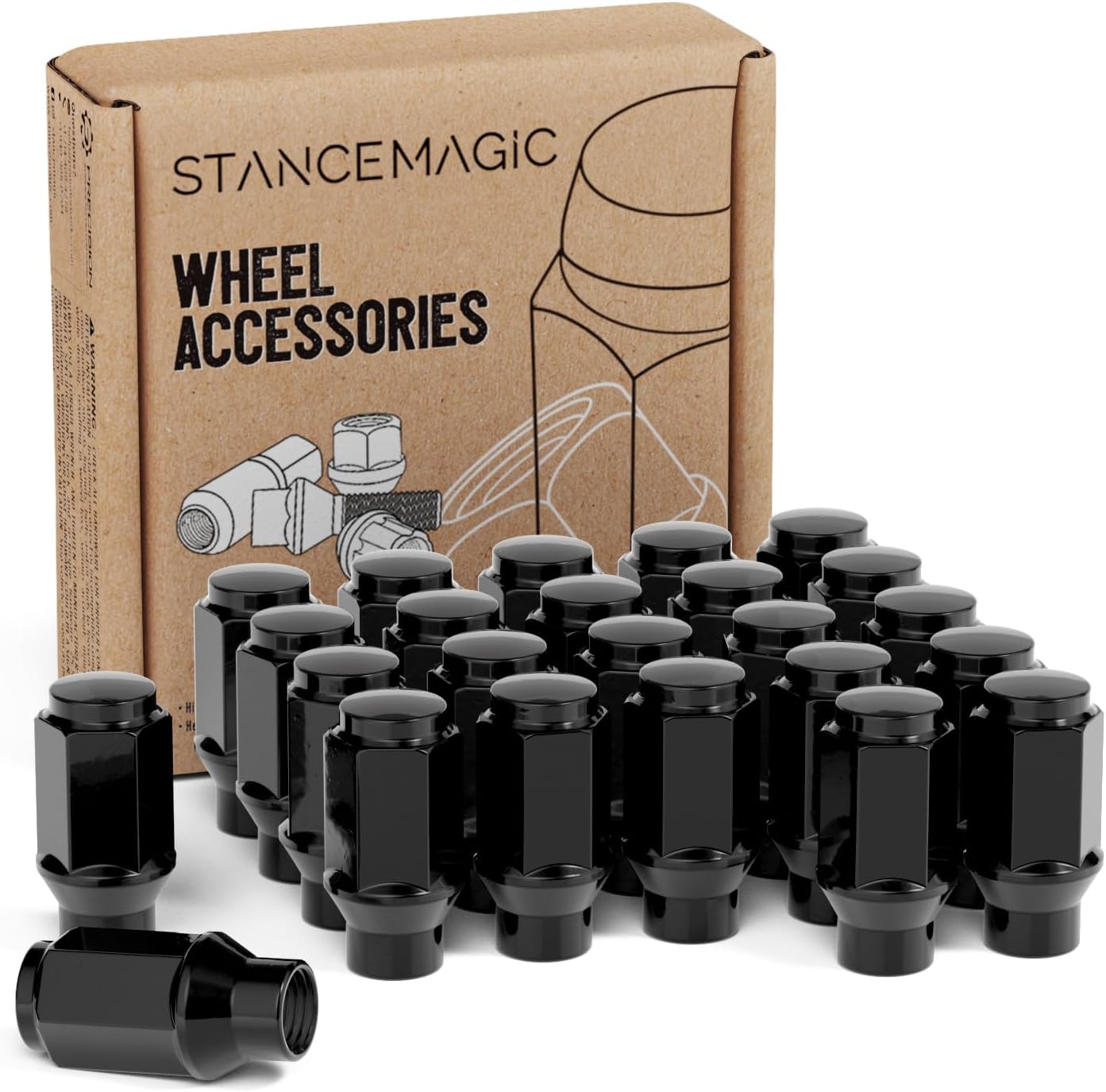24pcs Black Bulge Lug Nuts for 6Lug Vehicles - 1.75in Length