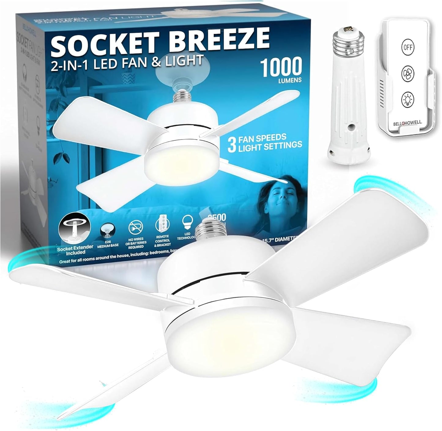 Socket Breeze Ceiling Fan Light with Remote for Home Use
