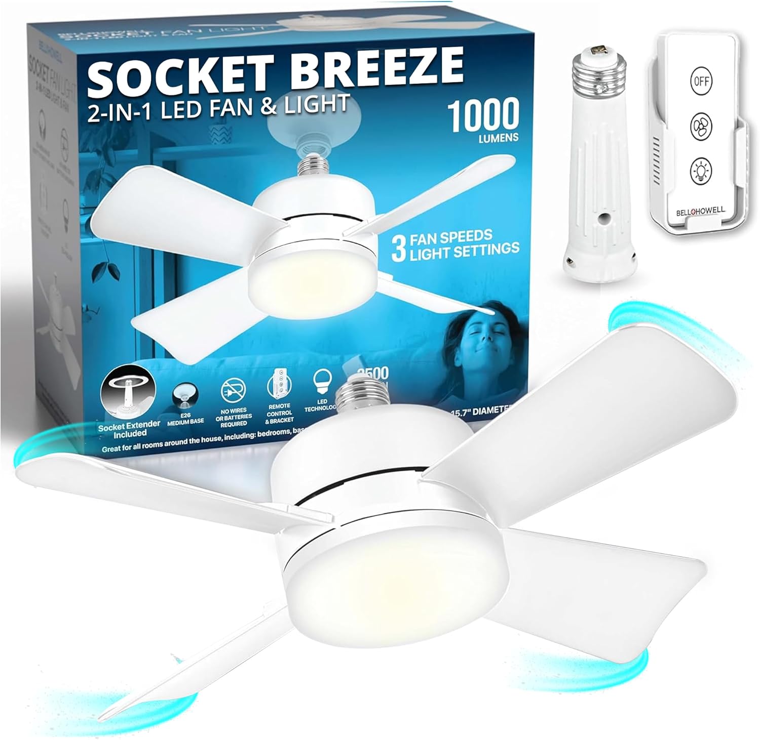Socket Breeze Ceiling Fan Light with Remote for Home Use