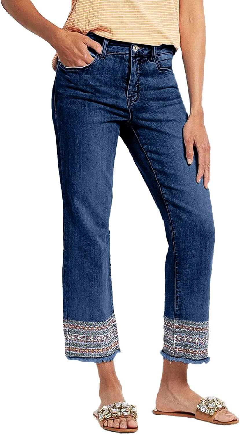 Flamingals Cropped Jeans for Women with Raw Hem and Embroidery