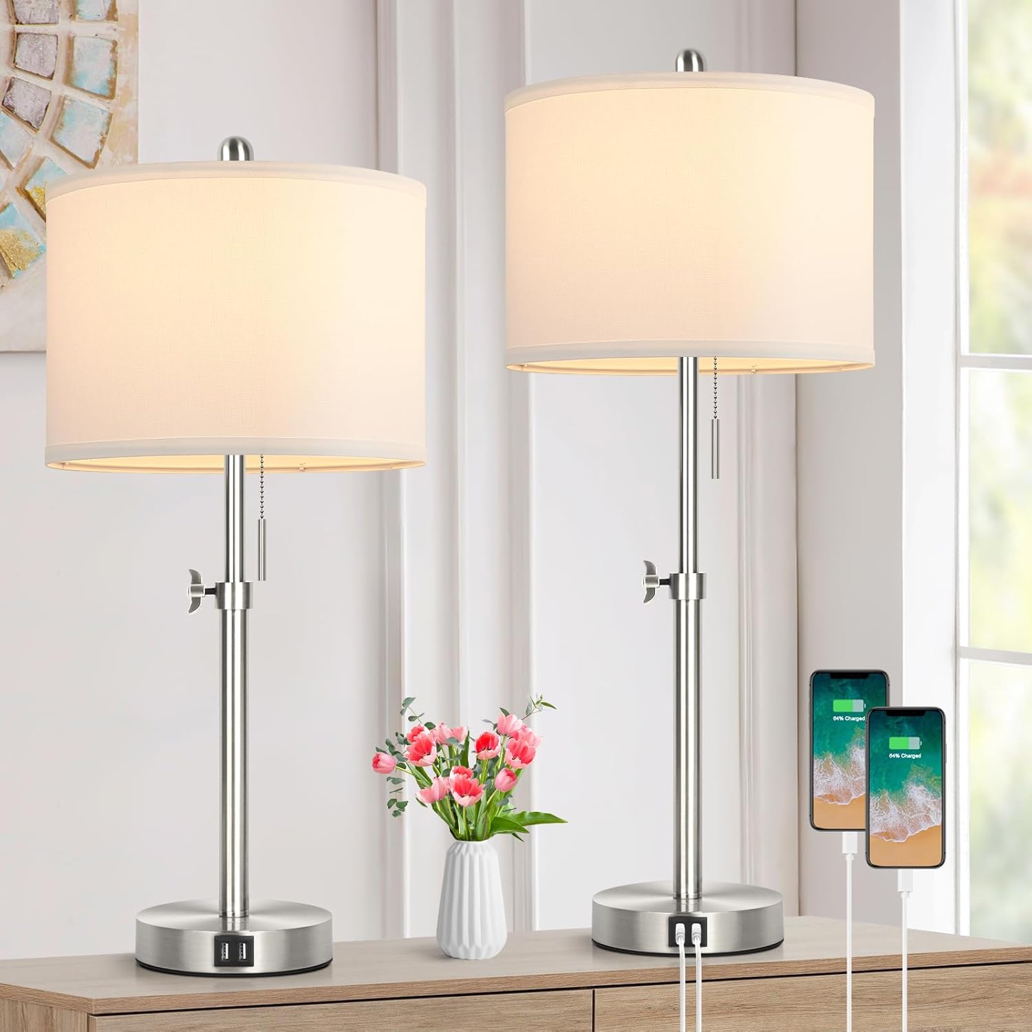 Height Adjustable Table Lamp Set of 2 with USB Ports for Bedroom