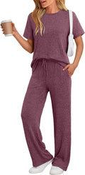 LILLUSORY 2 Piece Lounge Sets for Women - Comfortable Ribbed Wide Leg
