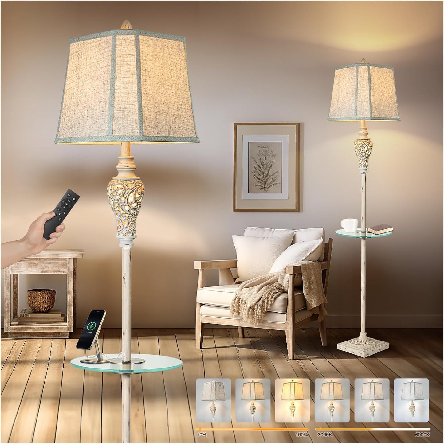 Rustic Floor Lamp with Glass Tray and Remote Control Features