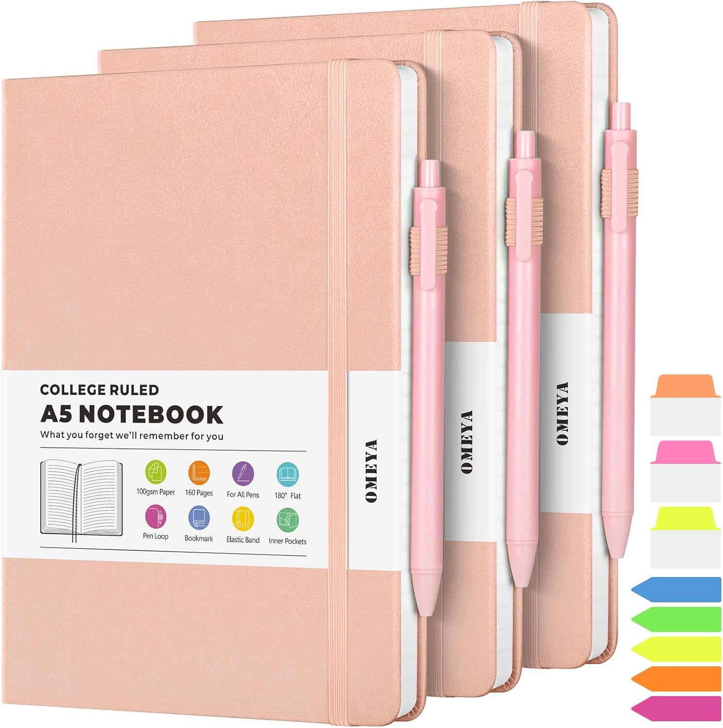 OMEYA 3-Pack A5 College Ruled Notebooks, 160 Pages, 100GSM - Stylish & Functional!