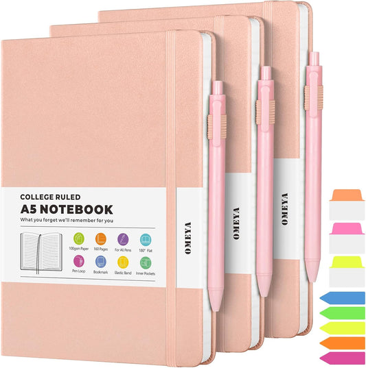 OMEYA 3-Pack A5 College Ruled Notebooks, 160 Pages, 100GSM - Stylish & Functional!
