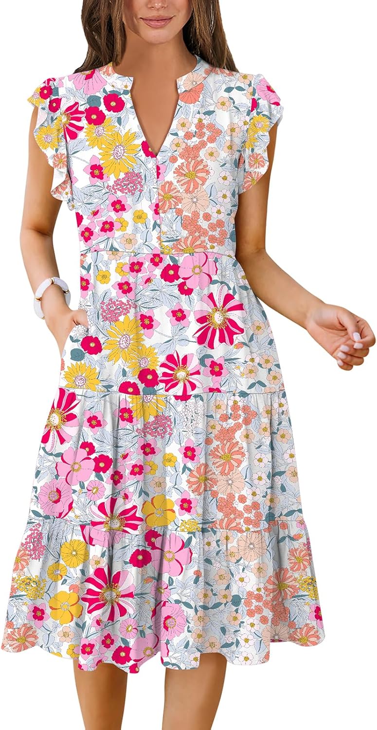 Womens Summer Dress Ruffle Sleeve V Neck Midi Casual Sundress