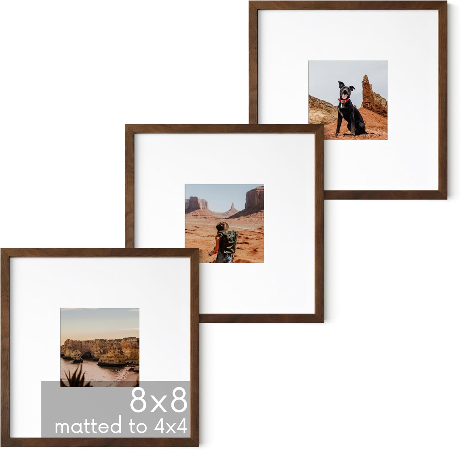 Walnut Square Frames 8x8 Matted to 4x4 - Set of 3 for Home