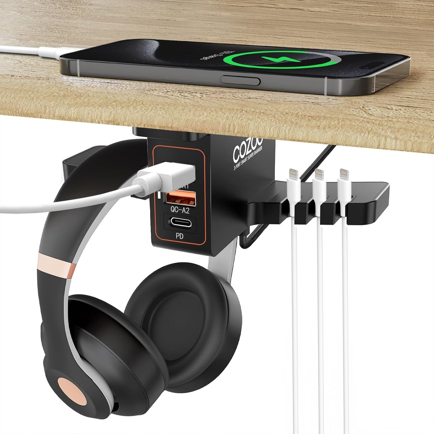 COZOO Headphone Stand with USB Charger - 3 Port Fast Charging