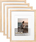11x14 Picture Frame Natural Solid Wood with Mat - Set of 4