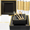 Black and Gold Disposable Square Plates Set for 50 Guests - Elegant