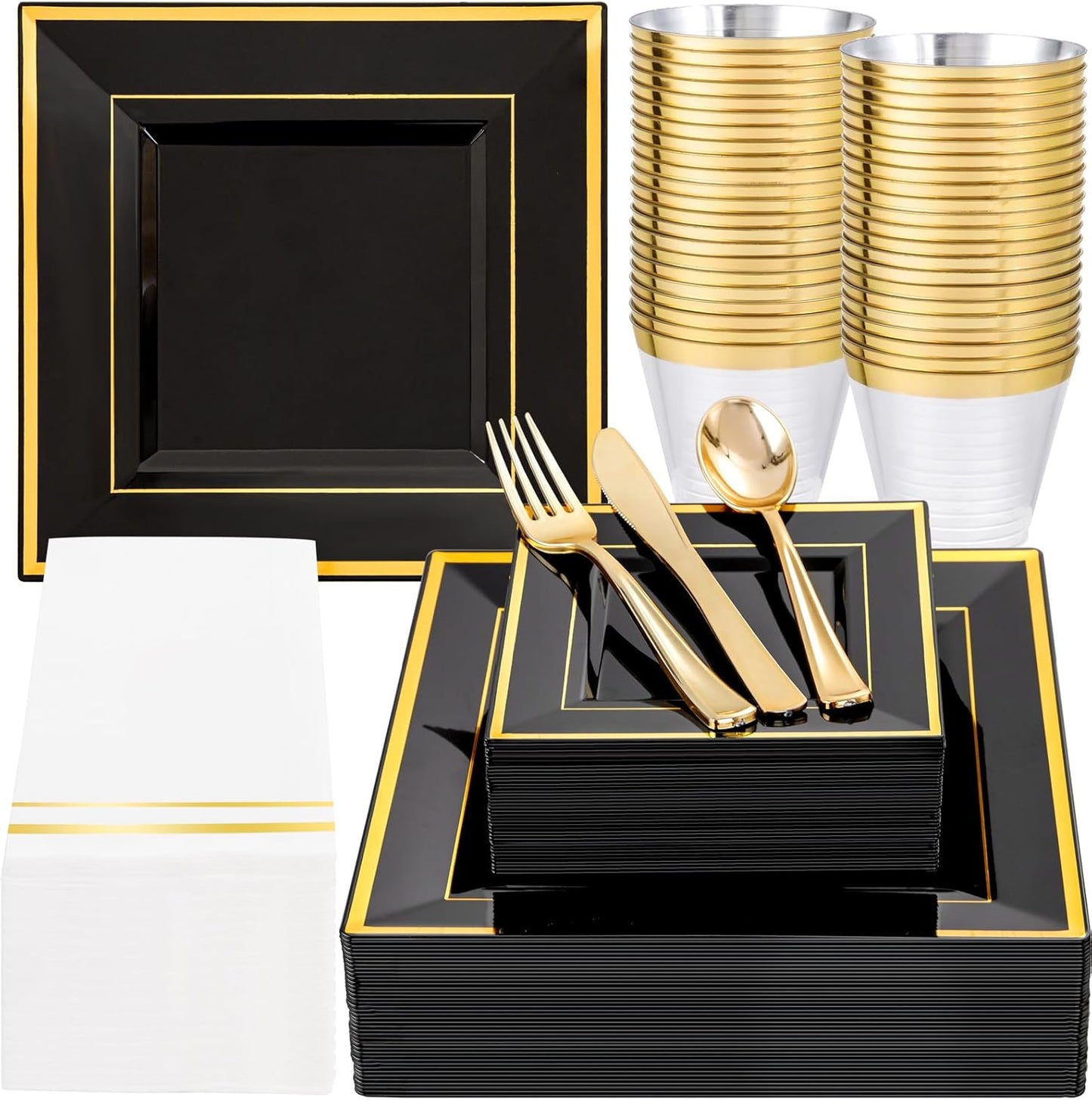 Festiva 350Pcs Black and Gold Plastic Plates for 50 Guests