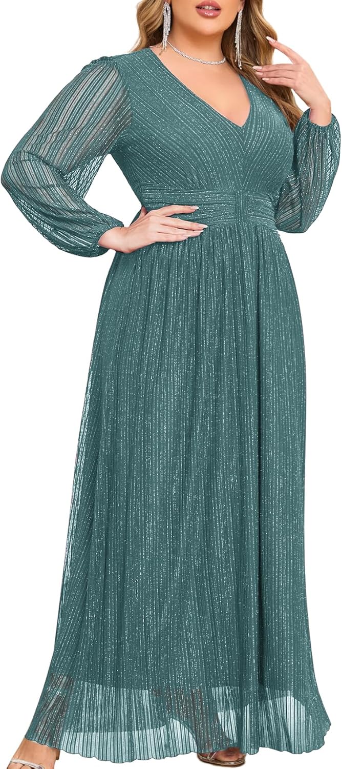 Plus Size Maxi Formal Dress with Sparkly V-Neck and Ruffle Sleeves