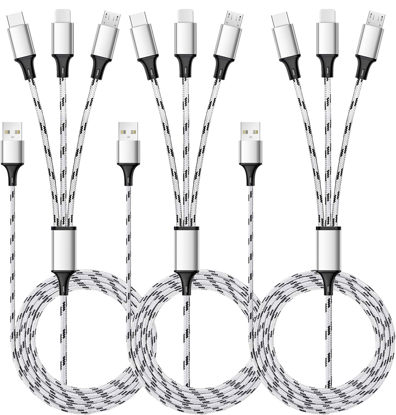 3-in-1 Nylon Braided Multi Charger Cable by Puxnoin